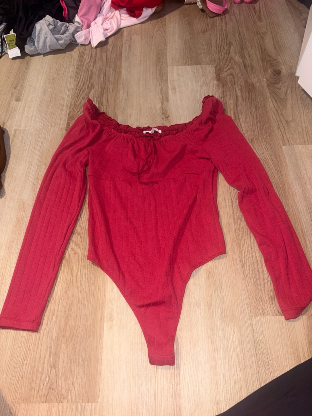 Celebrity Pink Red Ribbed Off-Shoulder Long Sleeve Bodysuit